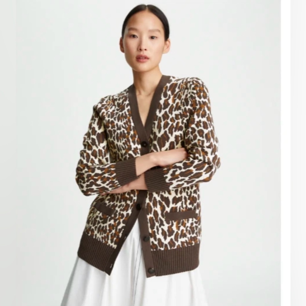Tory Burch Reva Leopard Print Boyfriend Cardigan Size: Small